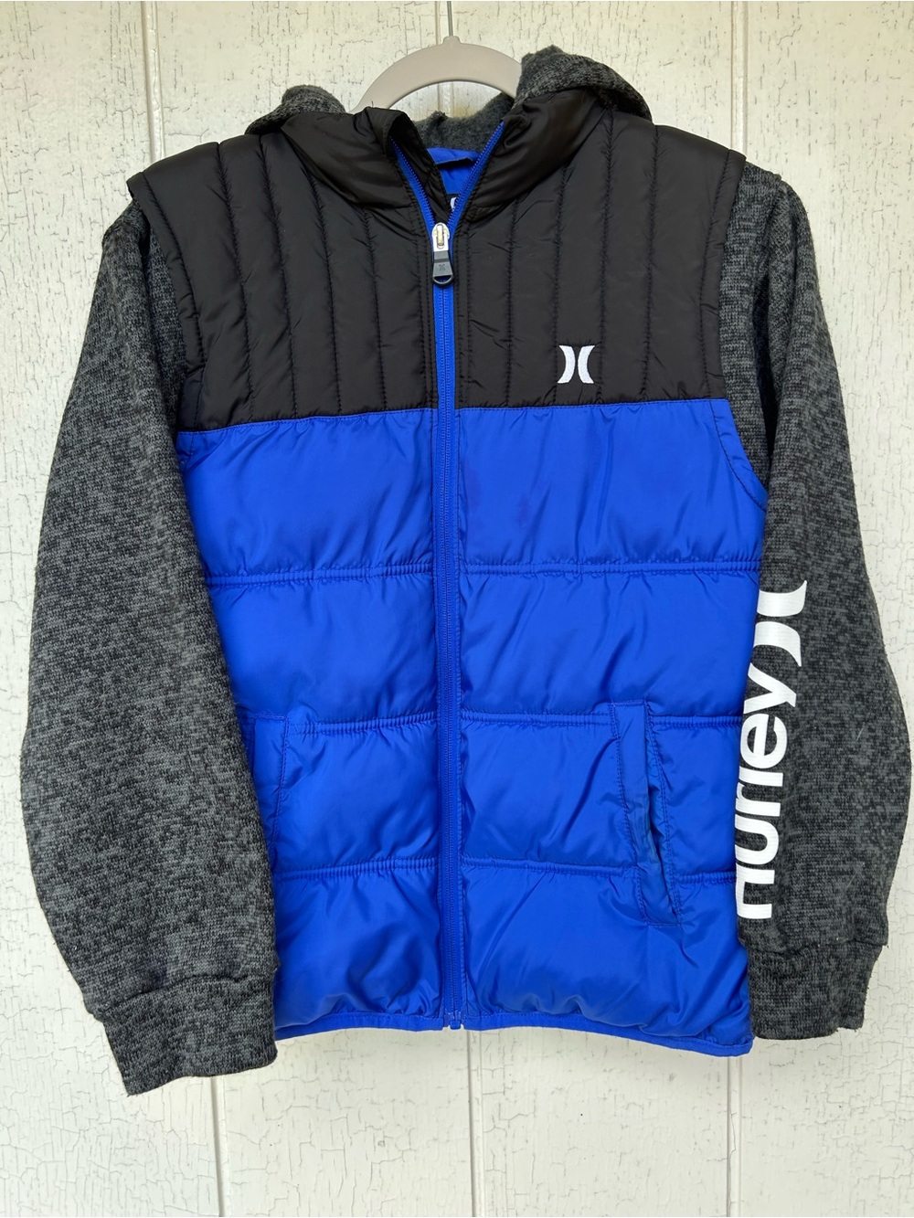 Hurley Boys 2fer Hybrid Puffer Jacket in Royal Blue and Gray Size L